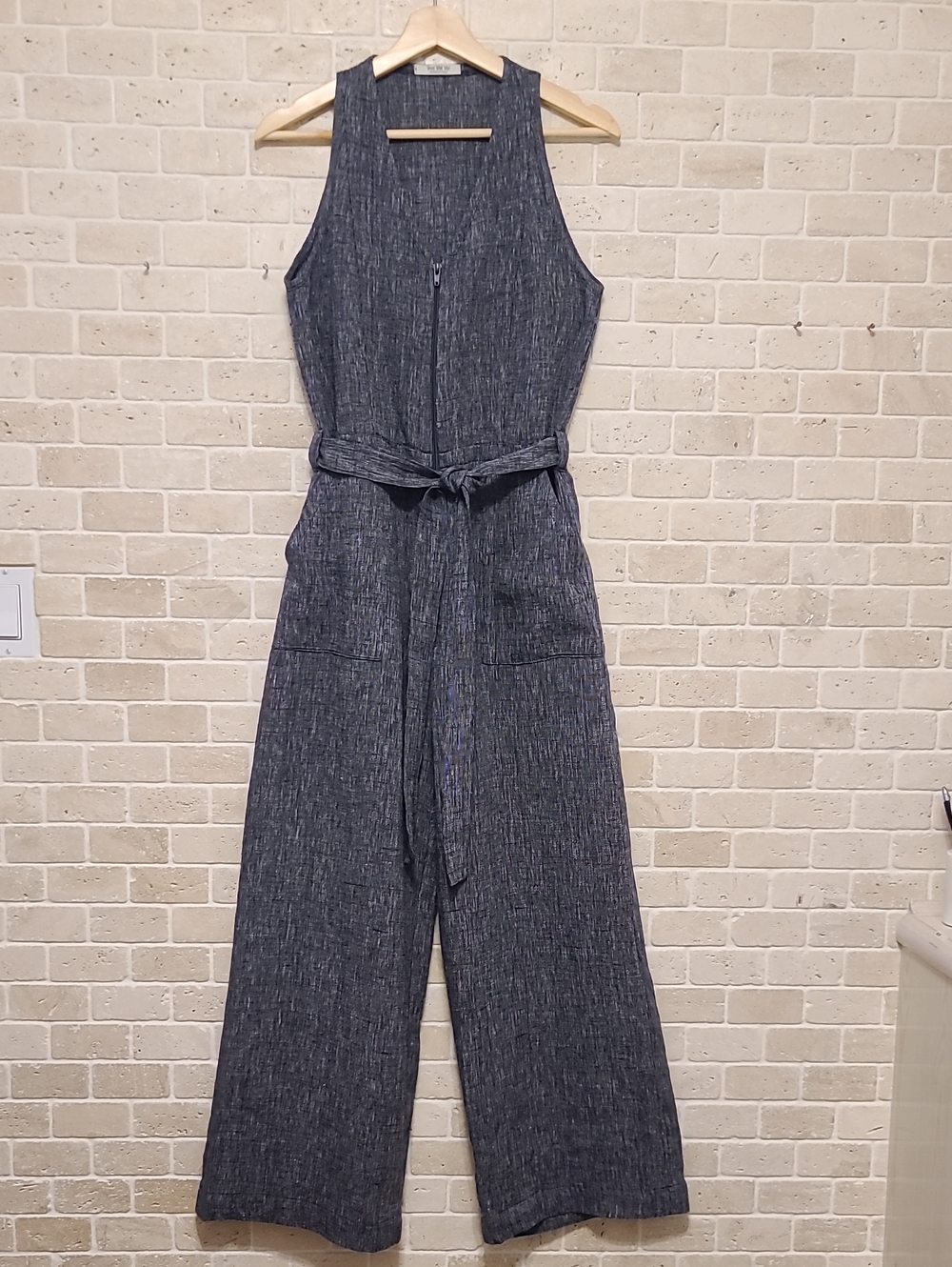 Sleeveless Linen Wide-Leg Jumpsuit in Navy Blue Heather( Sz M)